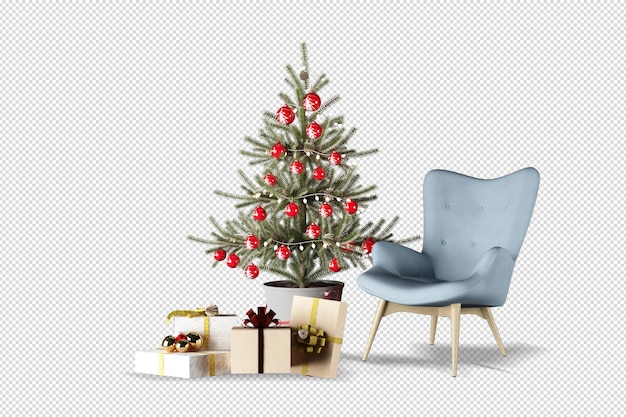 Árvore de Natal e poltrona em renderização 3d