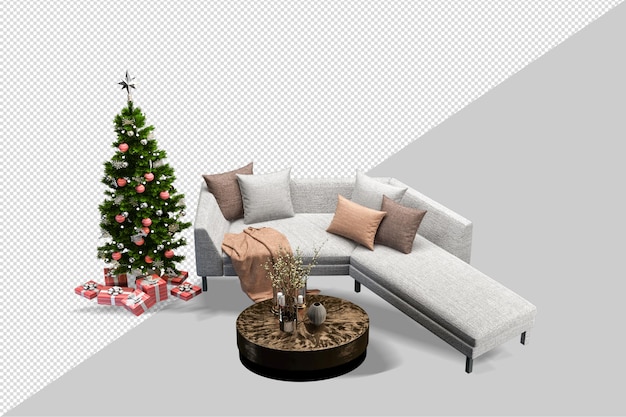 PSD Árvore de natal e poltrona em renderização 3d