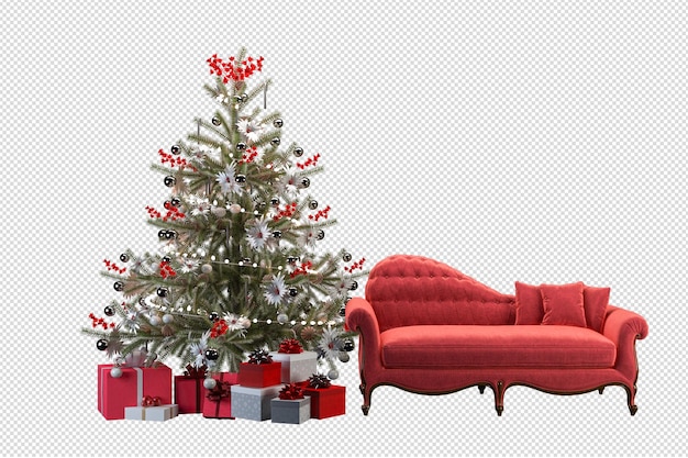 Árvore de Natal e poltrona em renderização 3d