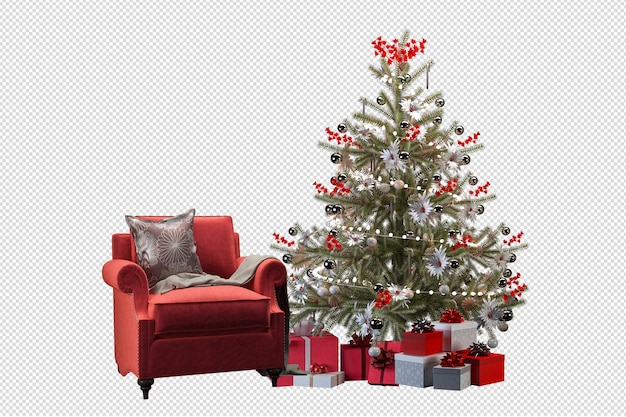 Árvore de Natal e poltrona em renderização 3d