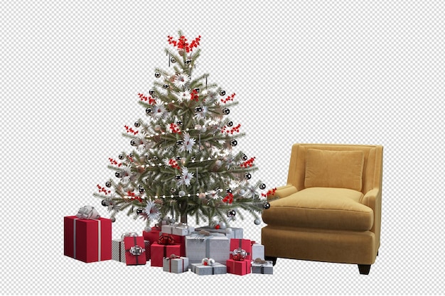 Árvore de Natal e poltrona em renderização 3d