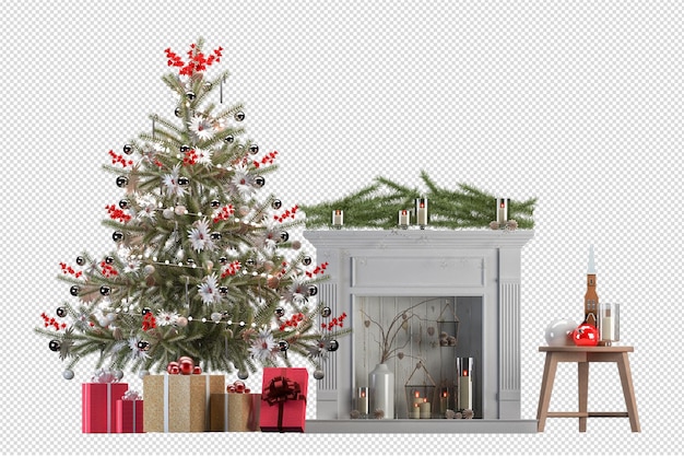 Árvore de Natal e poltrona em renderização 3d