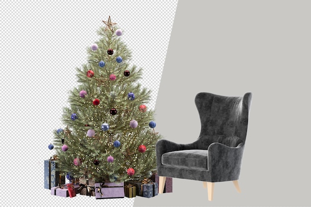 Árvore de Natal e poltrona renderizada em 3D
