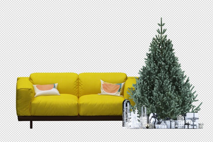 Árvore de Natal e poltrona renderizada em 3D
