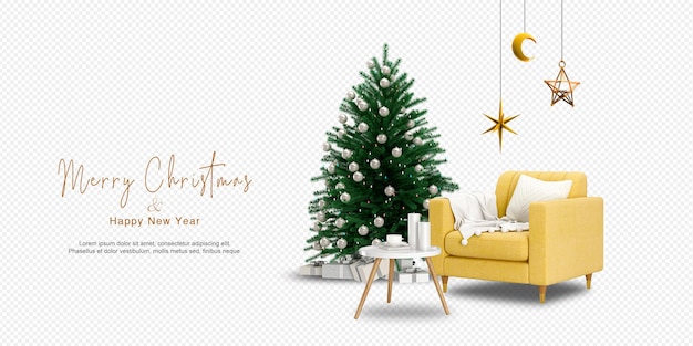 PSD Árvore de natal e poltronas modernas em renderização 3d