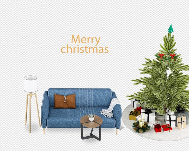 Árvore de Natal e sofá moderno em renderização 3D
