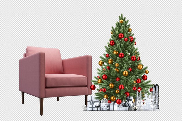 Árvore de Natal, presentes e poltrona renderizados em 3D