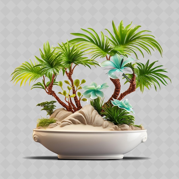PSD Árvore de palmeira bonsai decorações de árvores diversas transparentes em forma de folhas de vaso de cerâmica em forma de ventilador