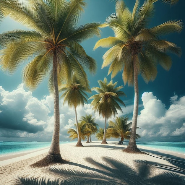 PSD Árvore de palmeira de coco na praia de areia branca tropical do caribe ao pôr-do-sol
