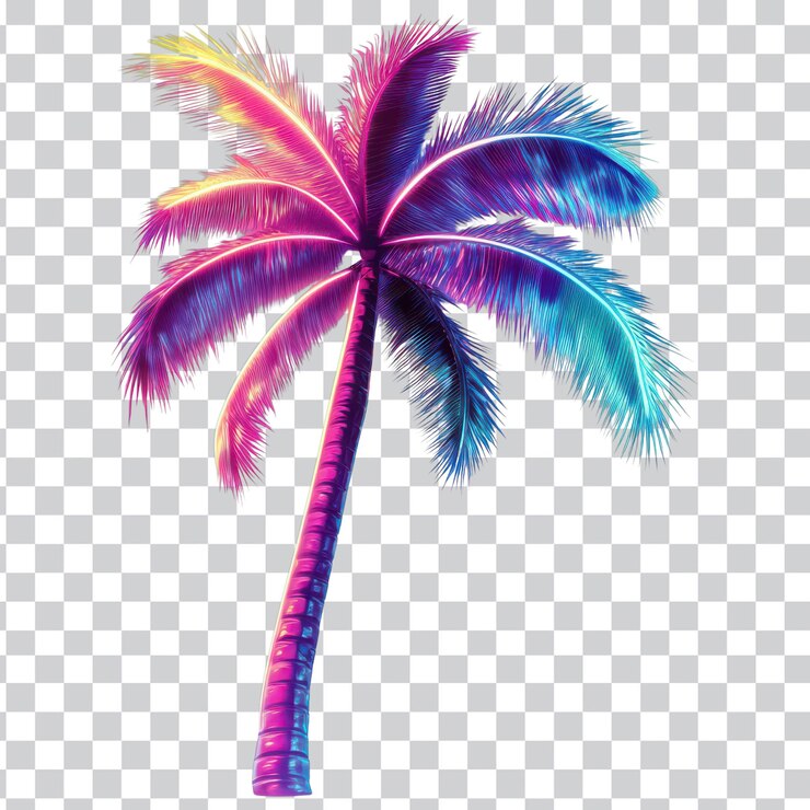 PSD árvore de palmeira de néon vibrante isolada em fundo colorido para vibrações tropicais em fundo transparente png