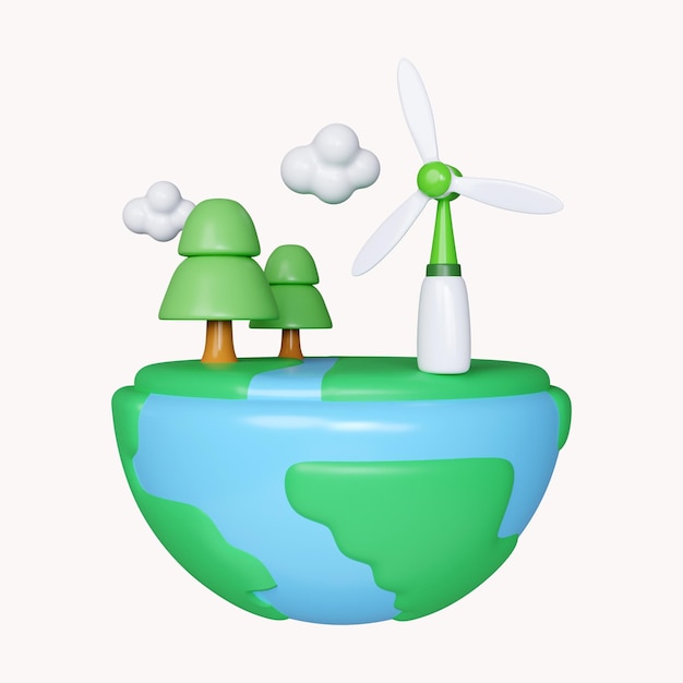 PSD Árvore do globo 3d e moinho de vento dia da terra salve o ícone do conceito de ícone do ambiente mundial isolado no fundo branco ilustração de renderização 3d caminho de recorte