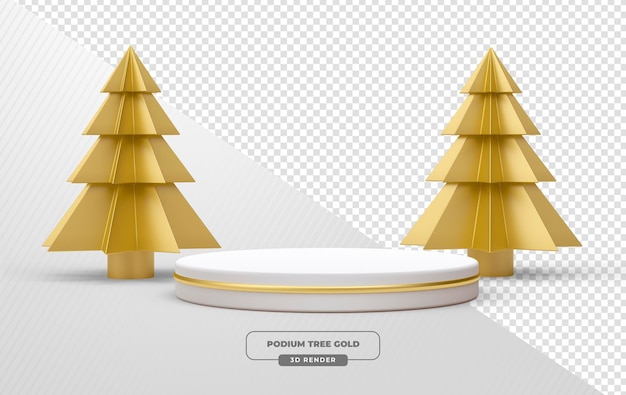 Árvores de Natal douradas e brancas com base branca e caixas de presente em renderização 3D