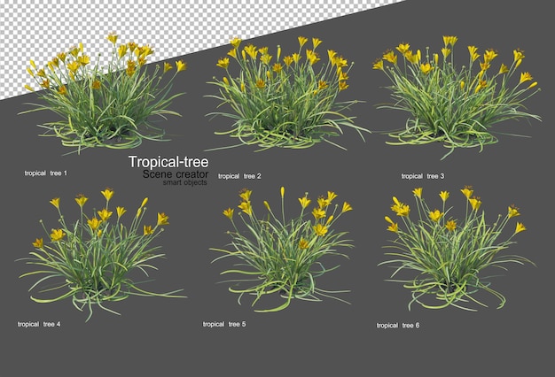 Árvores e plantas tropicais em renderização 3d