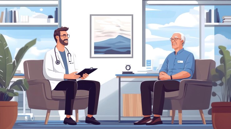 PSD arzt, der einen älteren patienten in einem hellen büro konsultiert