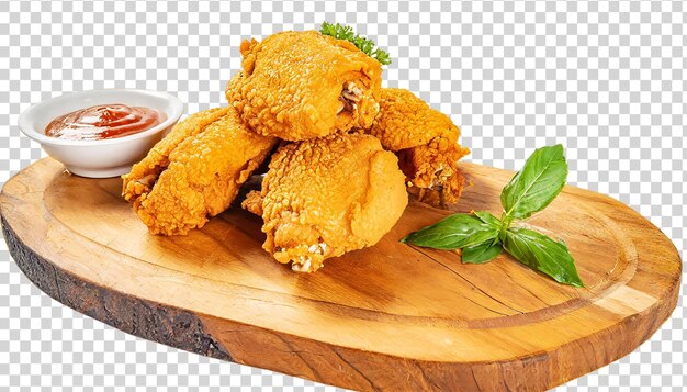 As asas de frango fritas e crocantes em madeira isoladas em fundo transparente