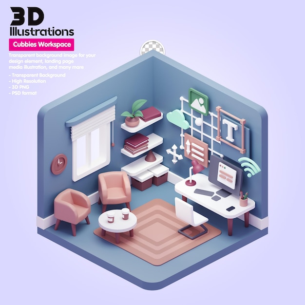 As ilustrações 3d do espaço de trabalho estendem a cadeira e a mesa da composição 3d