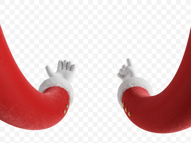 As mãos do personagem de desenho animado do Papai Noel usam mangas vermelhas e luvas brancas