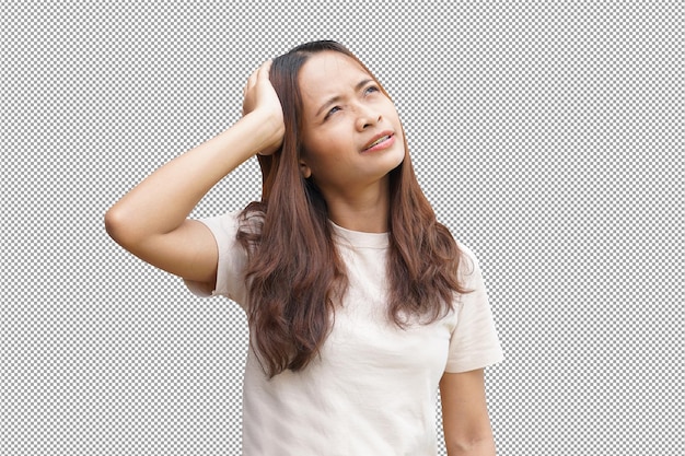 As mulheres asiáticas sofrem de estresse no trabalho. Coloque sua mão na sua cabeça.