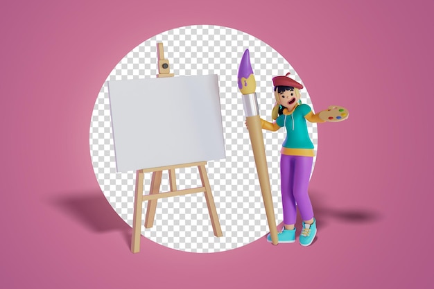 PSD as mulheres seguram uma paleta de cores e um pincel gigante em pé com o retrato de desenho em pé 3d render ilustração