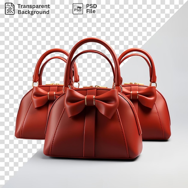 PSD as últimas bolsas de mão da goodyears, incluindo uma bolsa vermelha e uma bolsa de couro e vermelha, são exibidas contra uma parede cinza e branca com um laço vermelho adicionando um pop de
