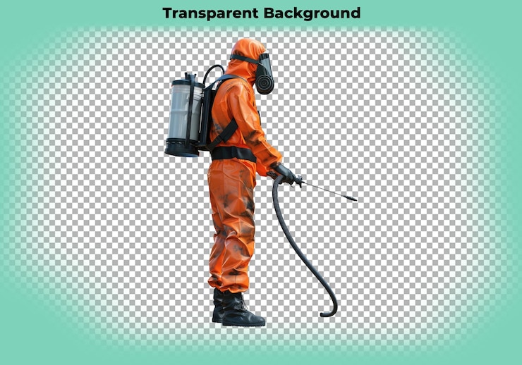 PSD asbestos a man in full disinfecting kit spraying medicine for bugs and insects isolated
