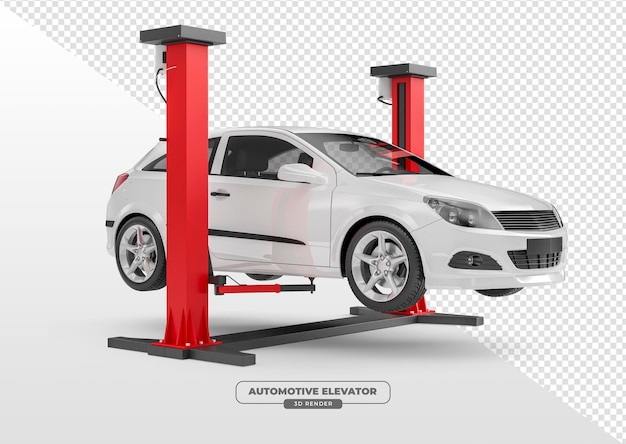 Ascensore automobilistico con auto per officina meccanica in rendering 3D con sfondo trasparente