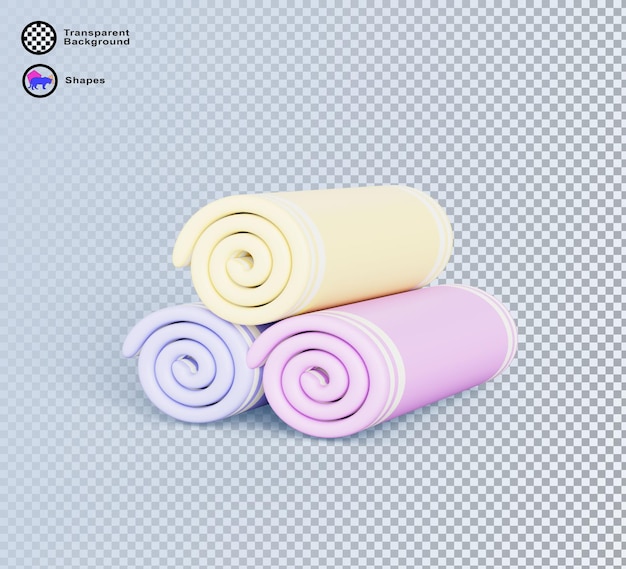 Asciugamani da bagno 3D a colori rotoli di tessuto impilati in pila Rendering animato set di asciugamani di tessuto morbido o tovaglioli tessili per bagno cucina doccia spa o spiaggia isolati su sfondo blu