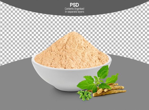 Ashwagandha ginseng indio en polvo en cuenco blanco aislado en fondo transparente
