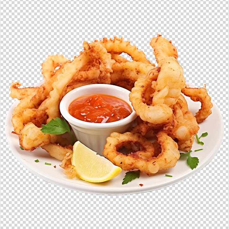 PSD así que delicioso calamar de sal y pimienta aislado en un fondo transparente