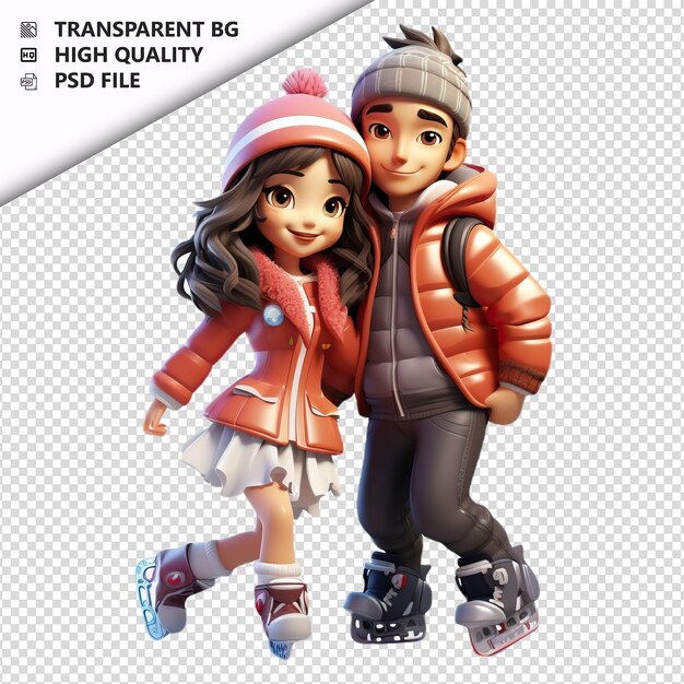 PSD asian couple skating 3d cartoon style fundo branco é