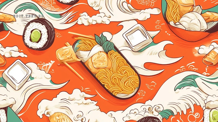 PSD asian food illustration with sushi noodles and waves