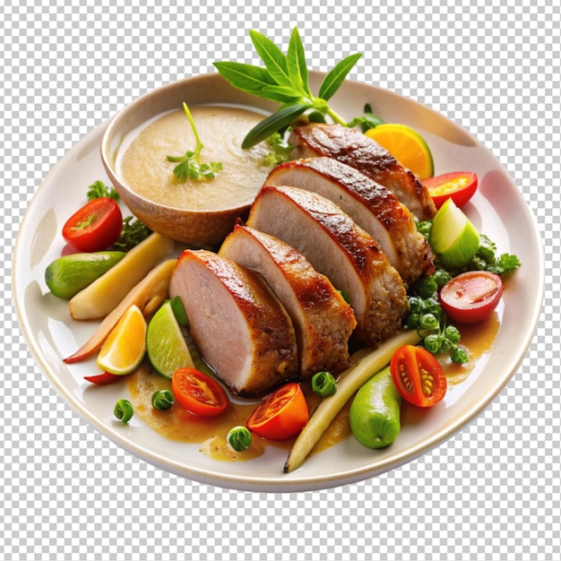 Asian fried duck with vegetables and coconut sauce transparent background