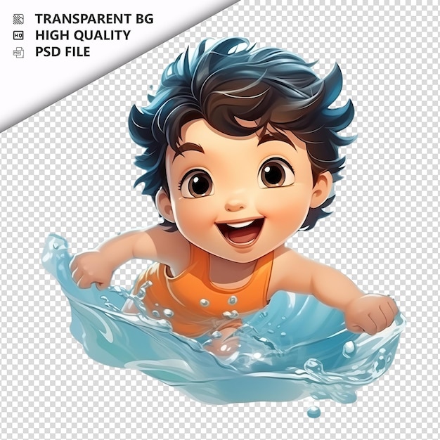 Asian kid swimming 3d cartoon style fundo branco isolado