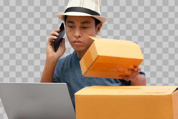 PSD asian man checking online purchase shopping order