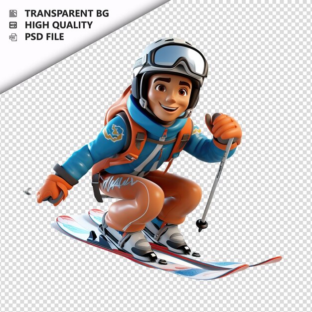 Asian man skiing 3d cartoon-stil mit weißem hintergrund isolat