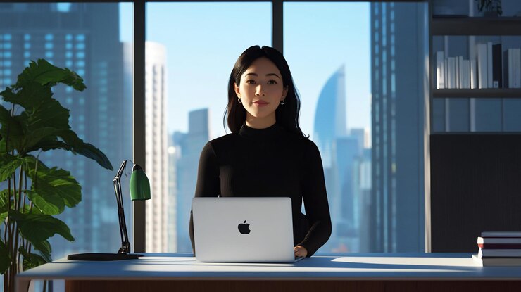 PSD asian woman in a modern office setting working on a laptop