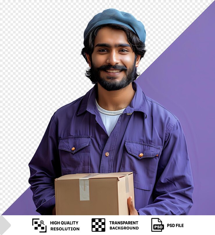 PSD asiático apuesto repartidor con caja y lista de comprobación frente a la pared púrpura con camisa azul sombrero azul y verde y barba negra sonriendo y sosteniendo una caja de cartón marrón png psd