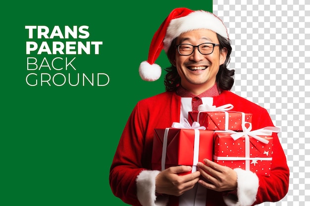 Des Asiatiques Transparents Portant Des Vêtements De Noël Tenant Des Cadeaux De Noël Ayant L'air Heureux