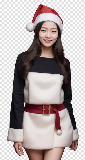 Asiatische frau mit weihnachtsmannshut und kleid in einem weihnachtslichen outfit