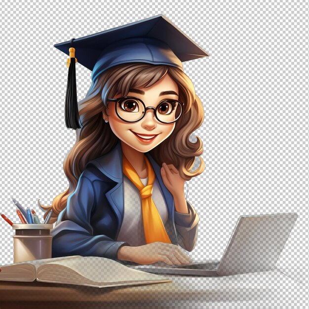 PSD asiatische frau studiert 3d-cartoon-stil transparenter hintergrund ist