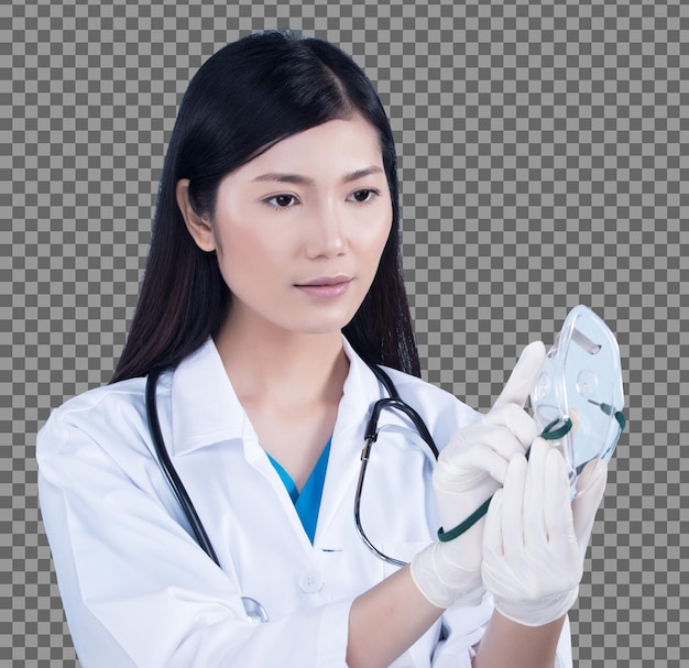 PSD asiatische schöne arzt-krankenschwester-frau in uniform mit stethoskop, gummihandschuhen, sauerstoffmaske im medizinischen krankenhaus, porträt-make-up schwarzes glattes haar, studiobeleuchtung blauer hintergrundkopierraum