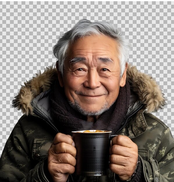 Asiatischer älterer Mann trinkt eine Tasse Kaffee auf einem isolierten transparenten Hintergrund