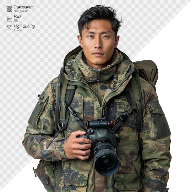 Asiatischer fotograf mit tarnungskleidung im studio