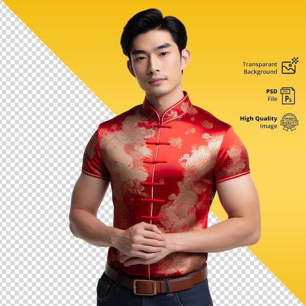 PSD asiatischer mann gekleidet für das chinesische neujahr. porträtfoto eines schönen mannes, einfach zu bearbeiten