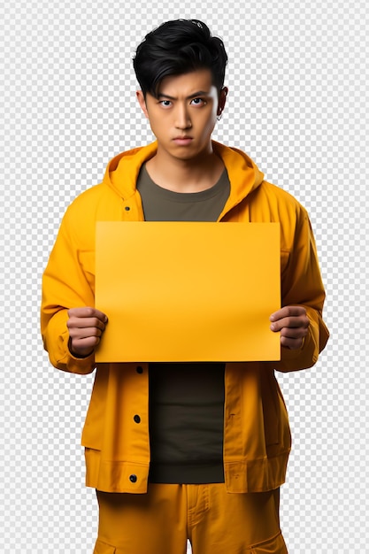 Asiatischer mann hält gelbes papier mit wütendem ausdruck auf transparentem hintergrund