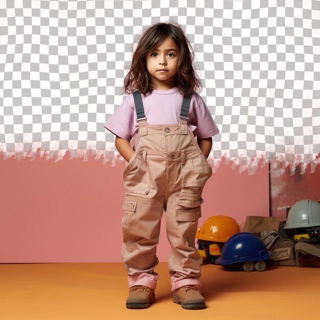 PSD asombrado niño en edad preescolar de asia oriental en pose de trabajador de la construcción con cabello largo postura relajada en medio de un fondo de rosas pastel