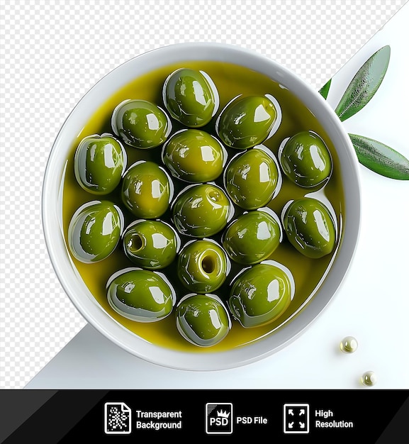 PSD asombrosas aceitunas verdes en un aceite de oliva con hojas vista superior plana png psd