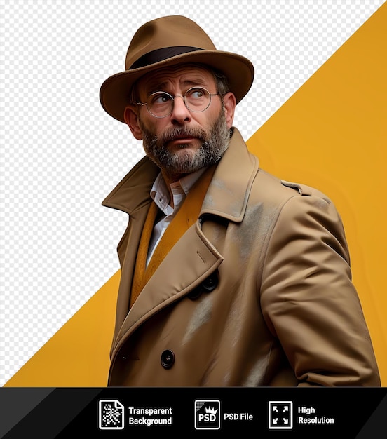 Asombroso detective escéptico con un fedora y una túnica de trincheras examinando una pista invisible png psd