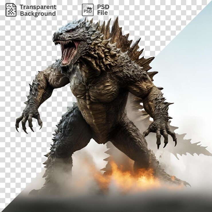 PSD el asombroso godzilla, rey de los monstruos, se alza contra un cielo azul claro. sus poderosas piernas y boca abierta son un testimonio de su impresionante presencia.