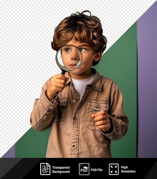 PSD asombroso niño curioso mirando a través de una lupa invisible png psd